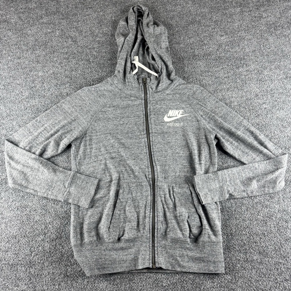 Nike Hoodie Womens S Gray Lightweight Knit Full Zip Pockets Just Do It Logo